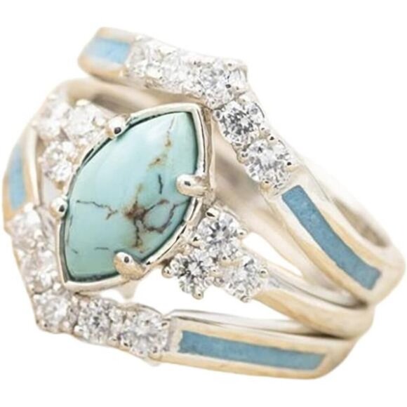 Marquise Turquoise & CZ Crystal Inlay Ring Set Stackable Bohemian Size 8 ONLY - Picture 1 of 7